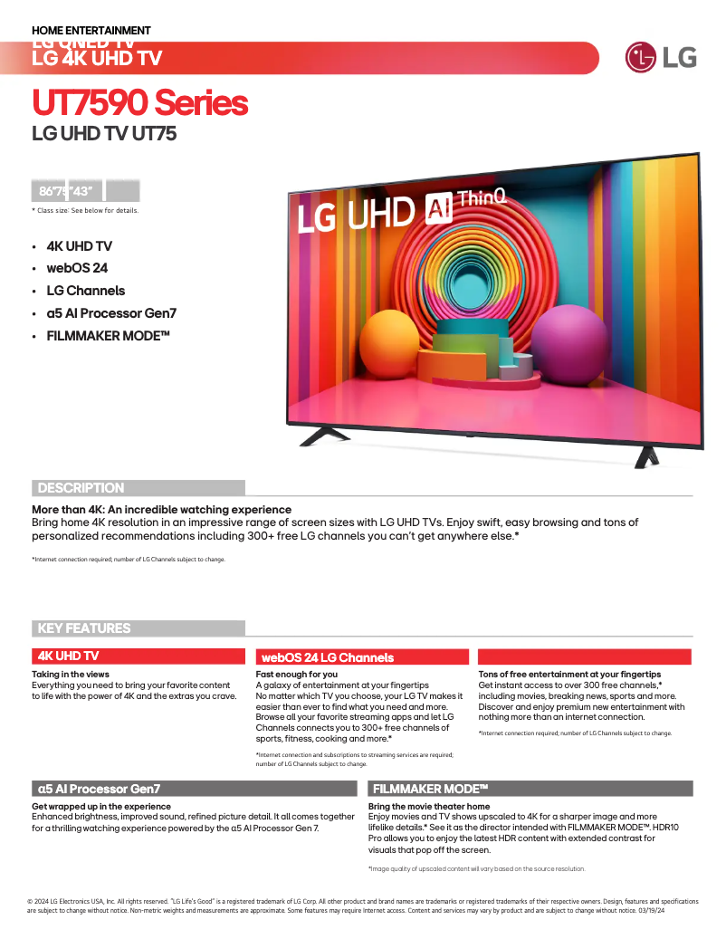 Page 1 de la notice Fiche technique LG 86UT7590PUA