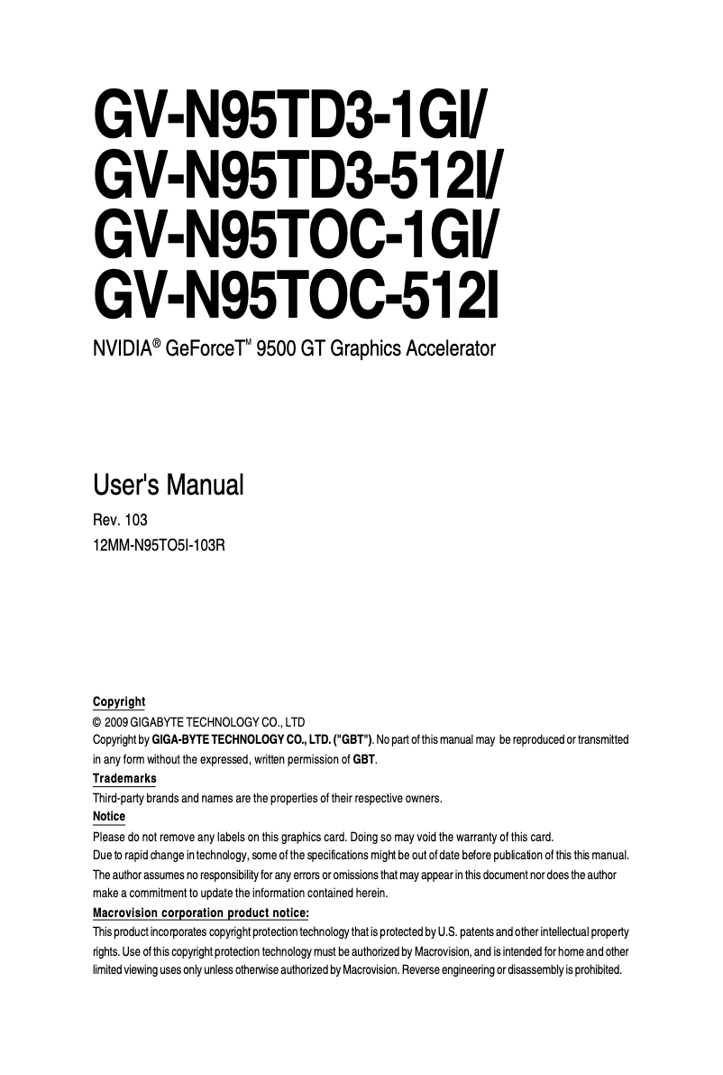 Page 1 de la notice Manuel utilisateur Gigabyte GV-N95TOC-512I