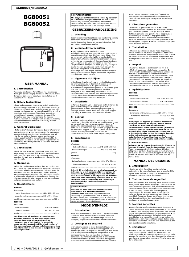 Page 1 de la notice Manuel utilisateur Perel BG80052