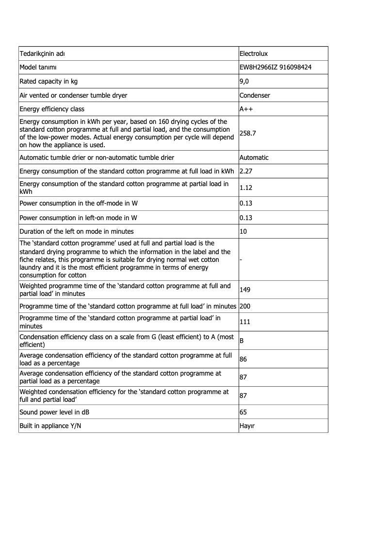 Page 1 de la notice Fiche technique Electrolux EW8H2966IZ