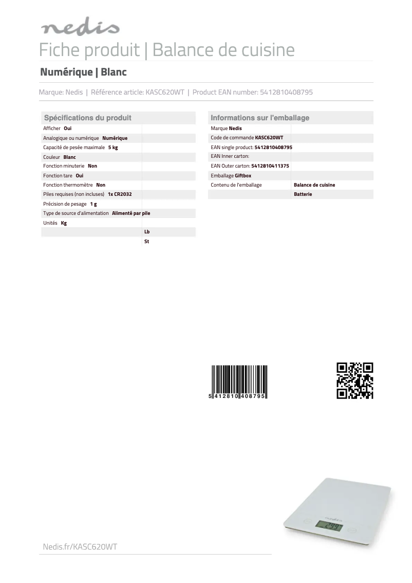 Page 1 de la notice Fiche technique Nedis KASC620WT