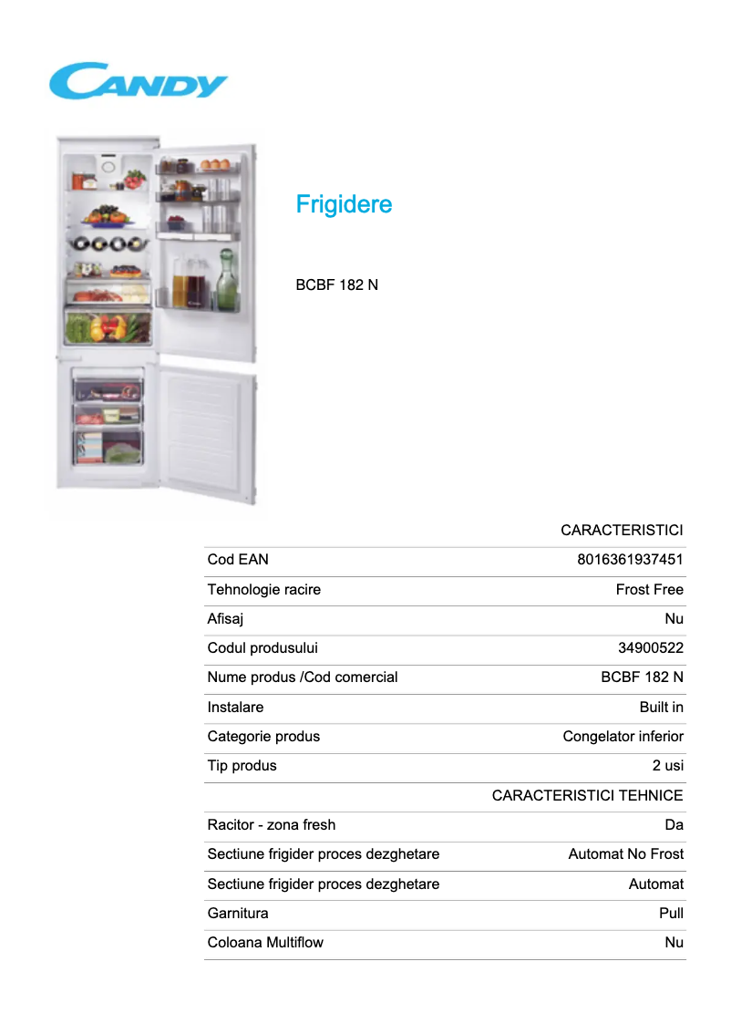 Page 1 de la notice Fiche technique Candy BCBF 182 N