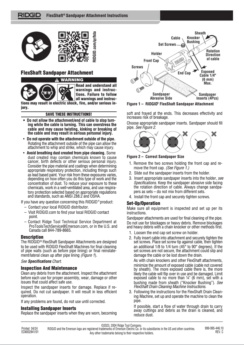 Page 1 de la notice Instructions / montage Ridgid FlexShaft K9-204