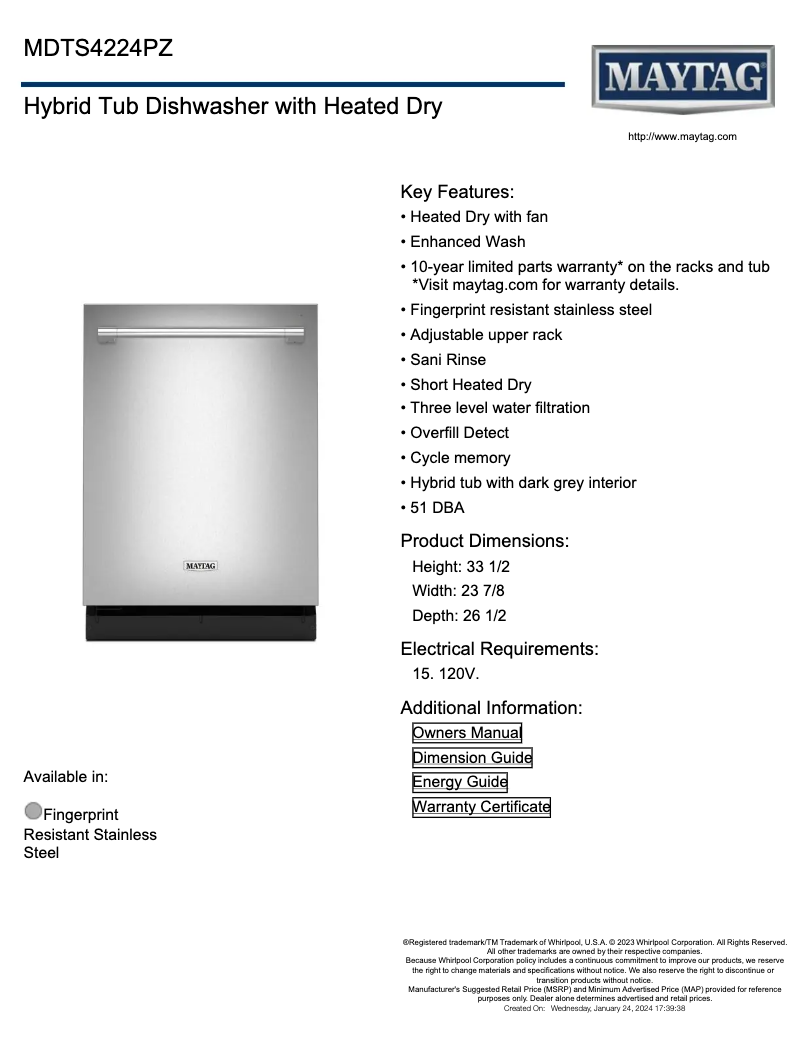 Page 1 de la notice Fiche technique Maytag MDTS4224PZ
