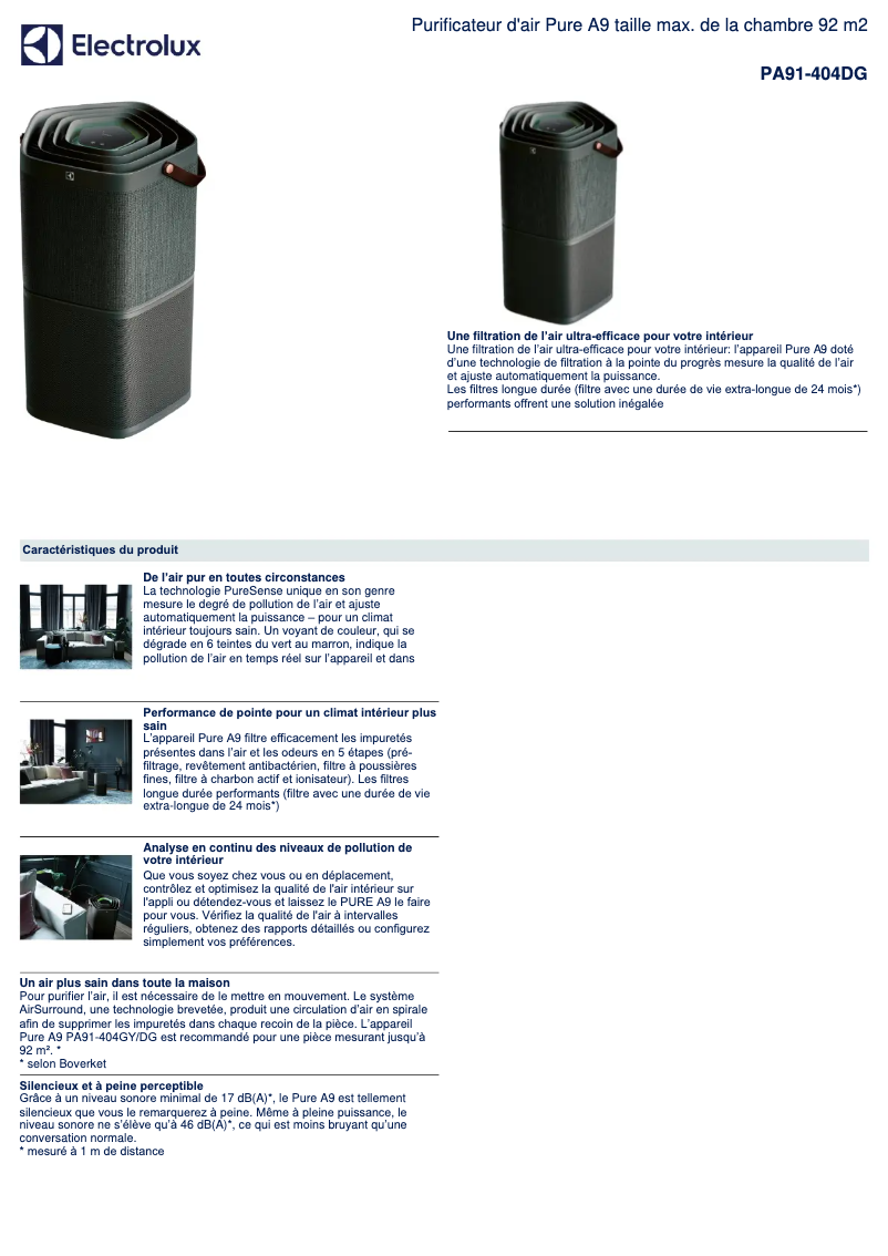 Page 1 de la notice Fiche technique Electrolux Pure A9 PA91-404DG