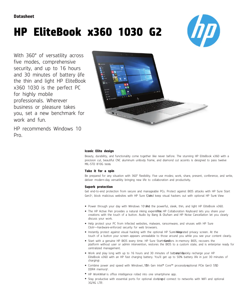 Page 1 de la notice Fiche technique HP EliteBook x360 1030 G2