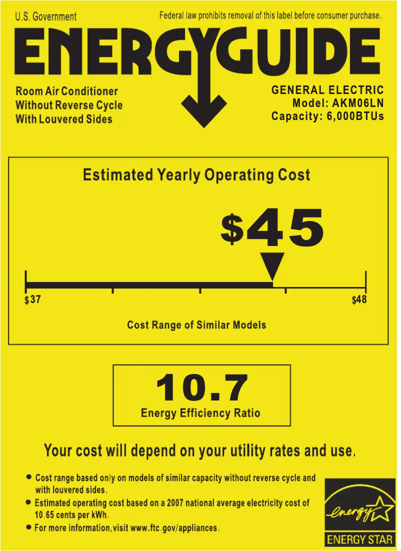Page 1 de la notice Label énergétique GE AKM06LN