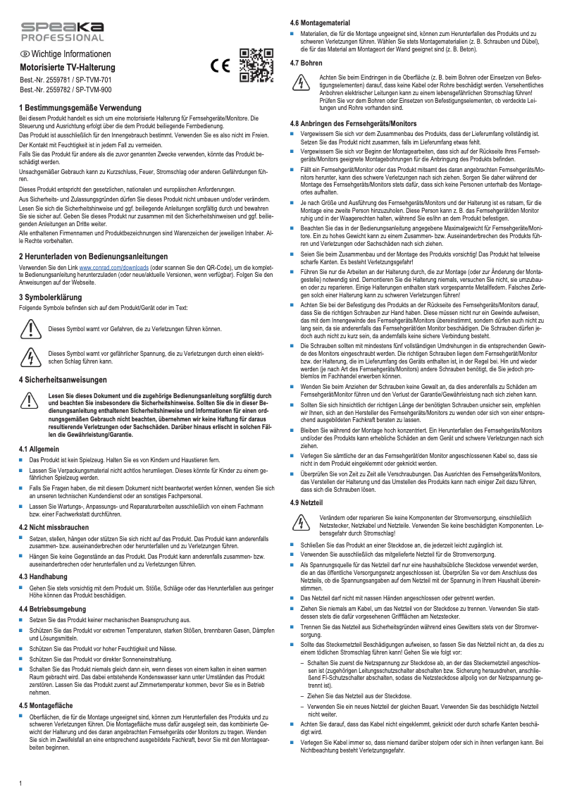 Page n°1 - Manuel utilisateur Speaka SP-TVM-900