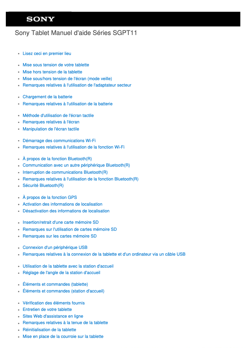 Page 1 de la notice Manuel utilisateur Sony SGPT111