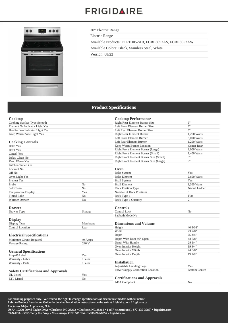 Page n°1 - Fiche technique Frigidaire FCRE3052AS