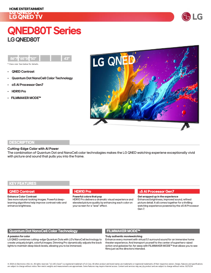 Page 1 de la notice Fiche technique LG 86QNED80TUC