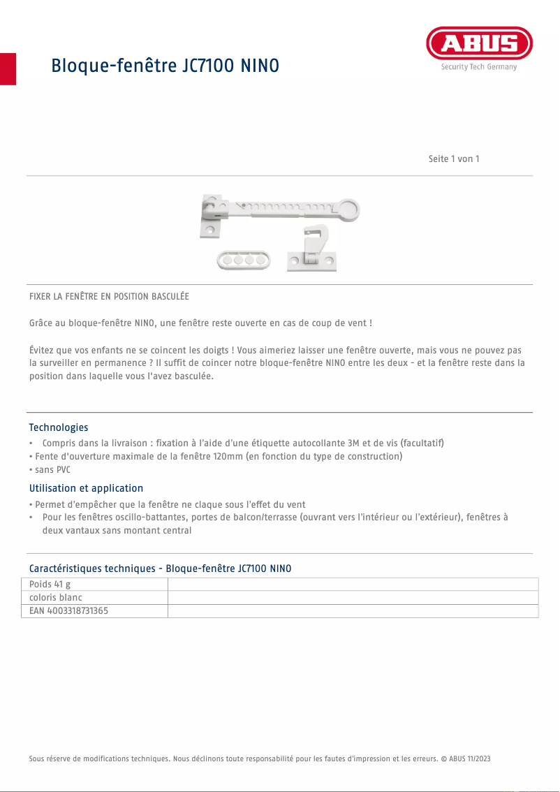 Page 1 de la notice Fiche technique Abus JC7100 NINO