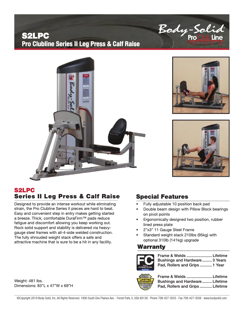 Page 1 de la notice Fiche technique Body-Solid S2LPC
