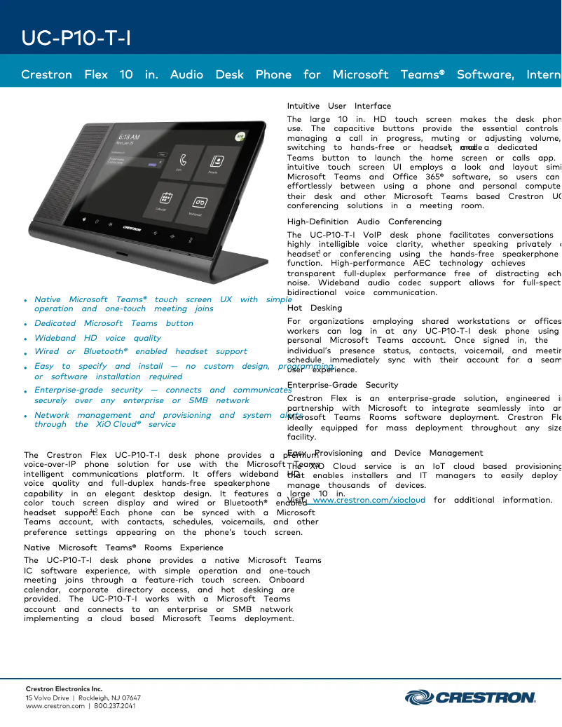 Page 1 de la notice Fiche technique Crestron UC-P10-T-I