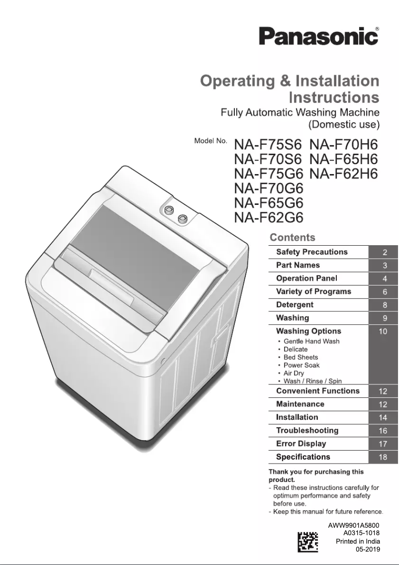Page n°1 - Manuel utilisateur Panasonic NA-F70H6