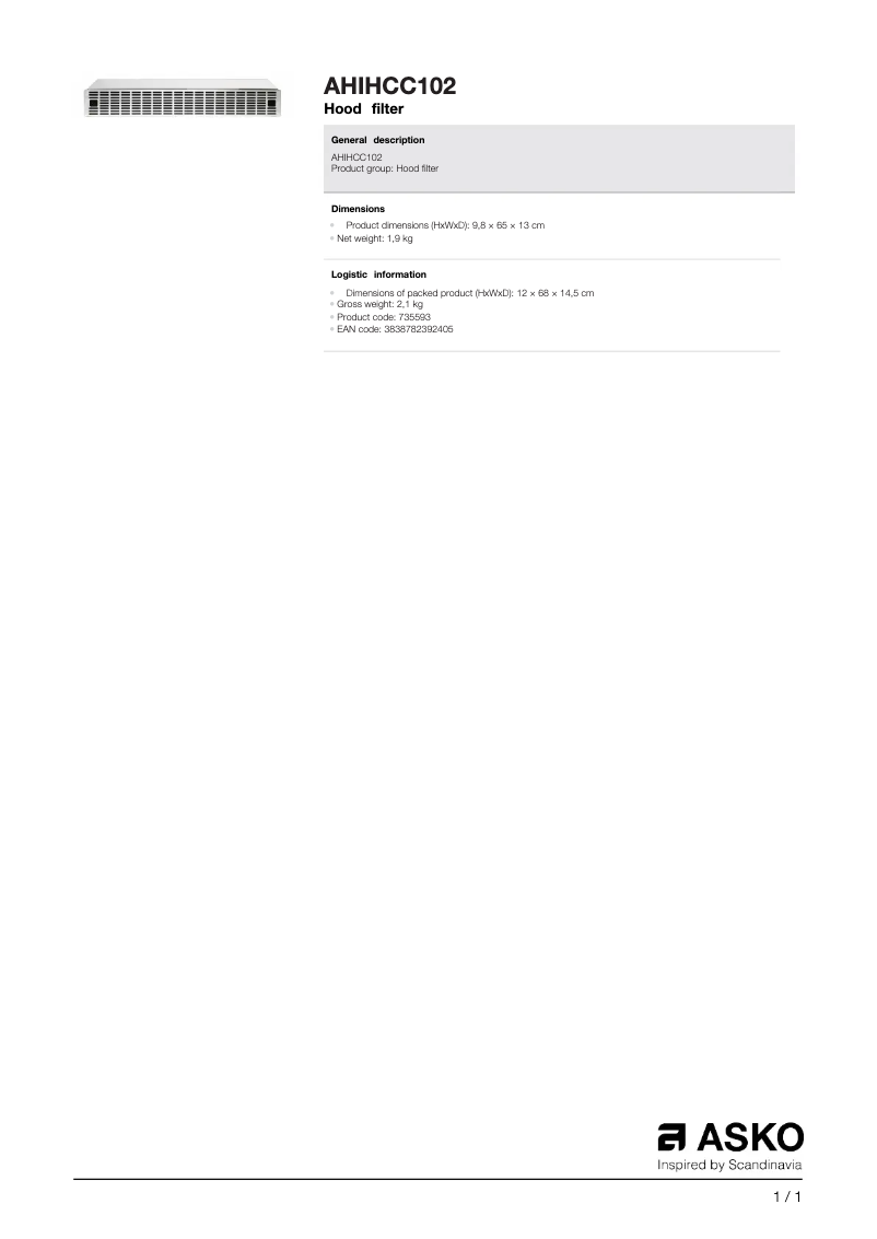 Page 1 de la notice Fiche technique Asko AHIHCC102