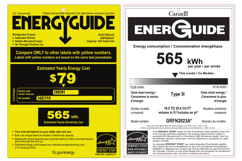 Page 1 de la notice Label énergétique Frigidaire GRFN2023AF
