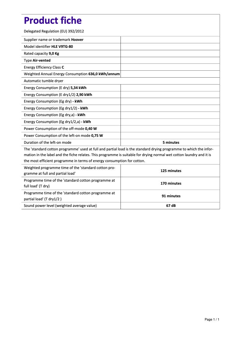 Page 1 of the manual Technical Sheet Hoover HLE V9TG-80