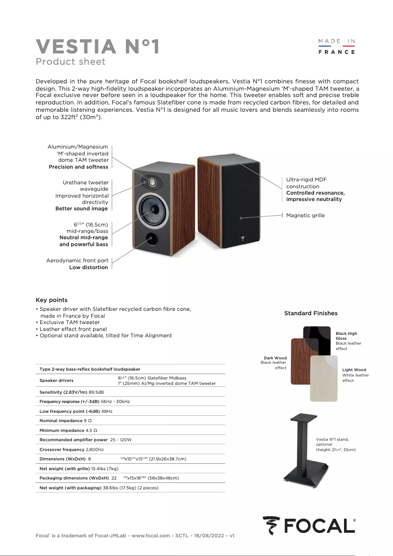 Página 1 del manual Ficha técnica Focal Vestia N°1