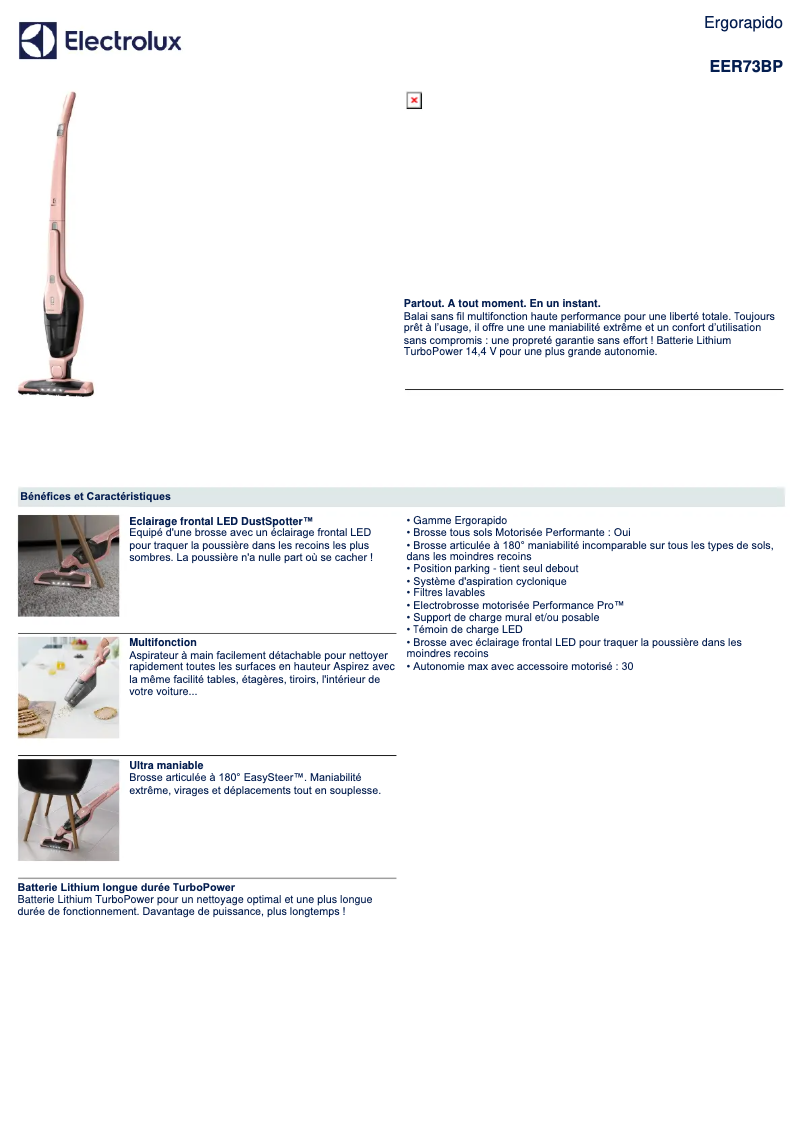 Page 1 de la notice Fiche technique Electrolux Ergorapido EER73BP