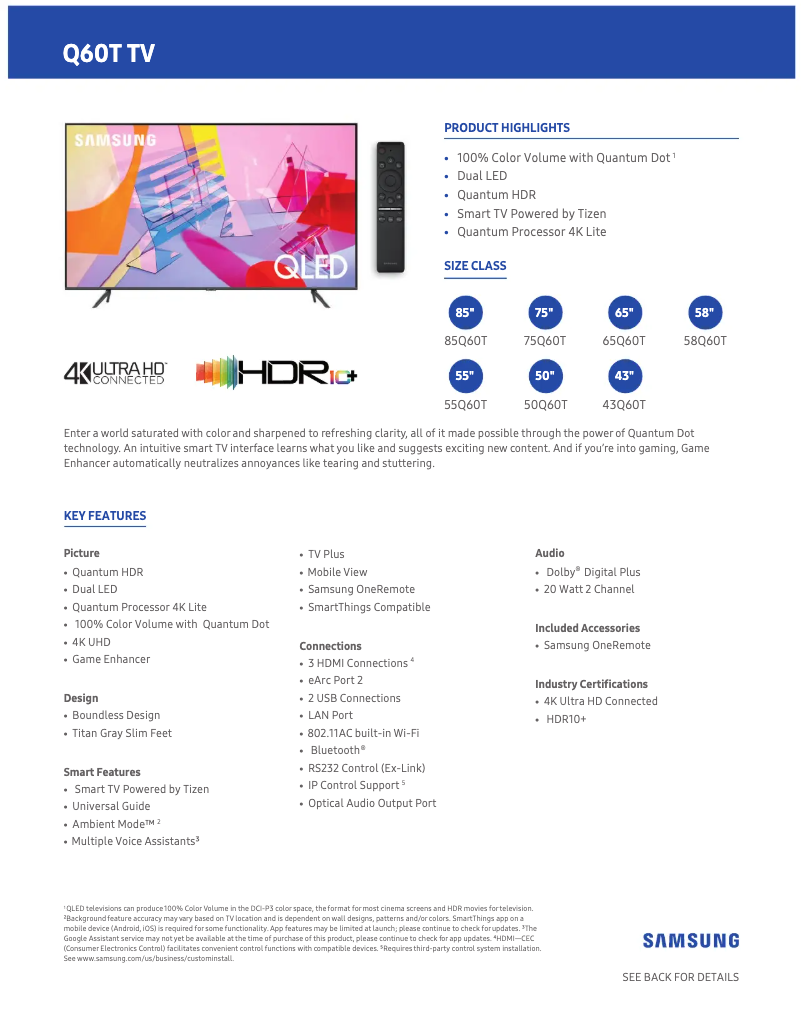Page n°1 - Fiche technique Samsung QN85Q60TAFXZA