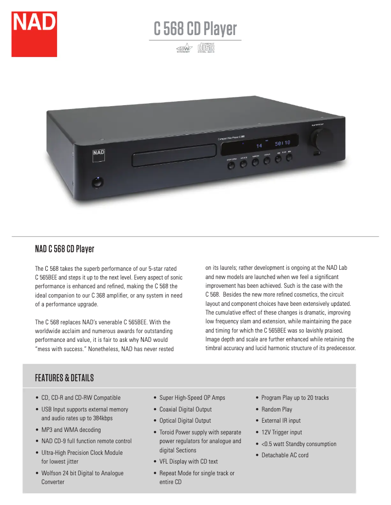 Page 1 de la notice Fiche technique NAD C 568