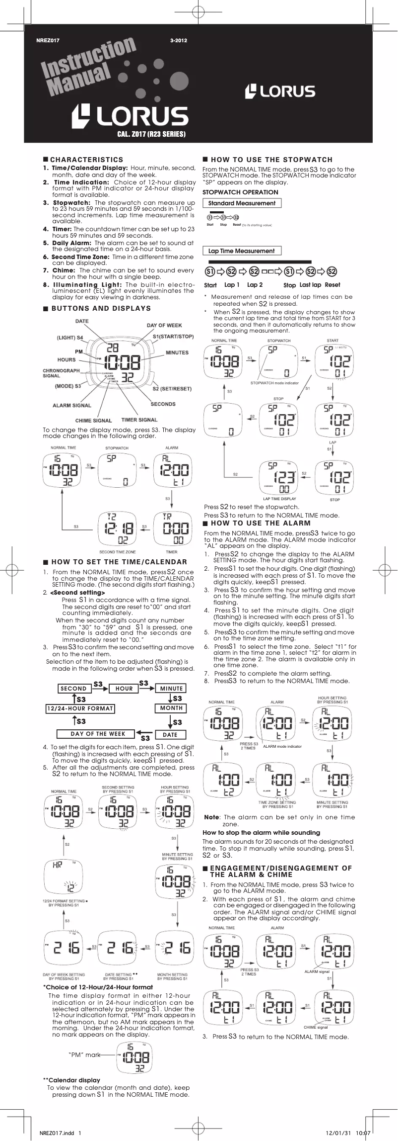 Page n°1 - Manuel utilisateur Lorus Z017