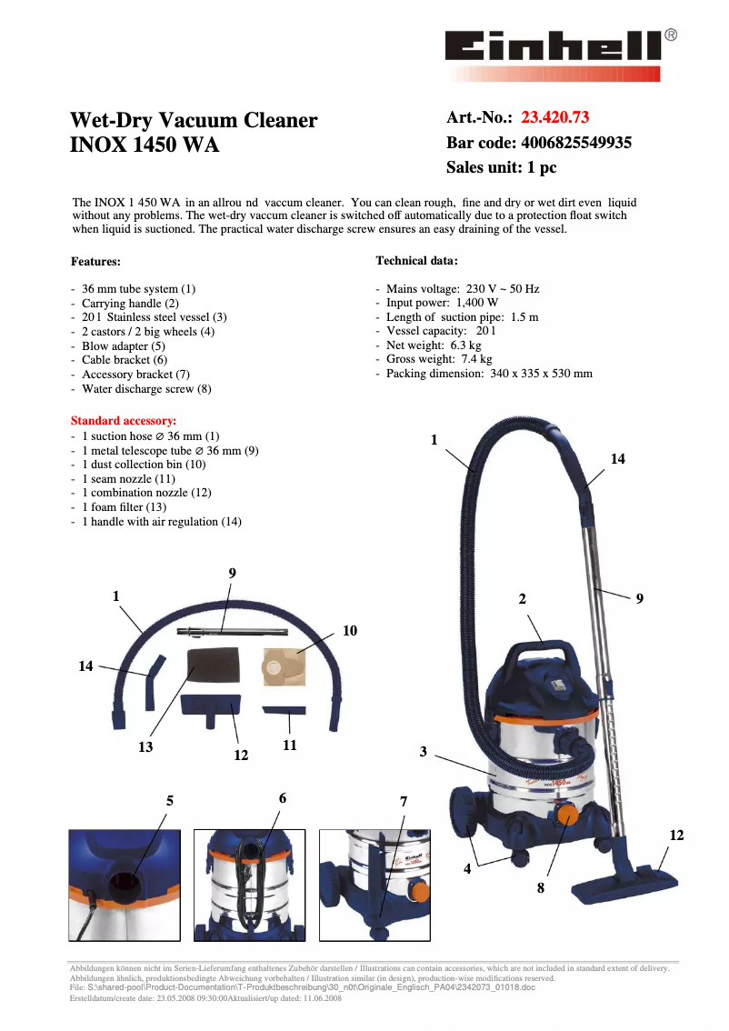 Image de la première page du manuel de l'appareil INOX 1450 WA