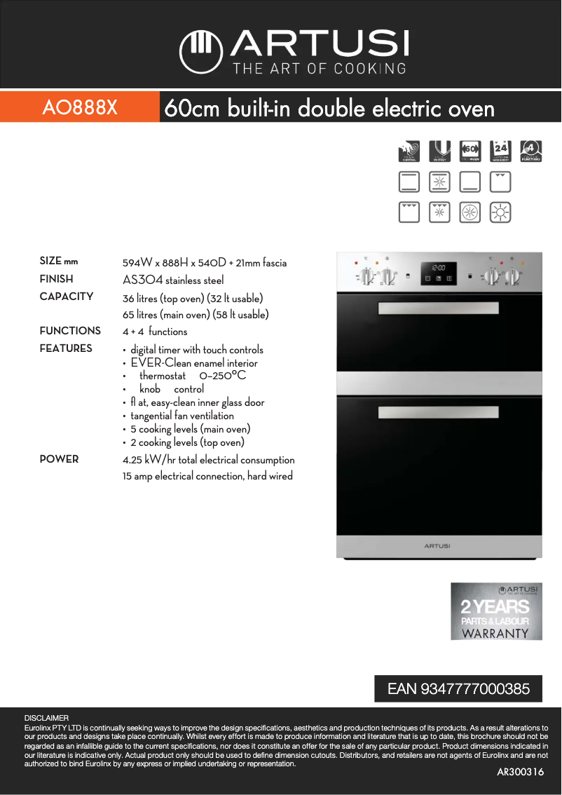 Page 1 de la notice Fiche technique Artusi AO888X
