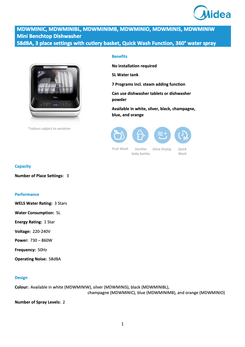 Page n°1 - Fiche technique Midea MDWMINIW