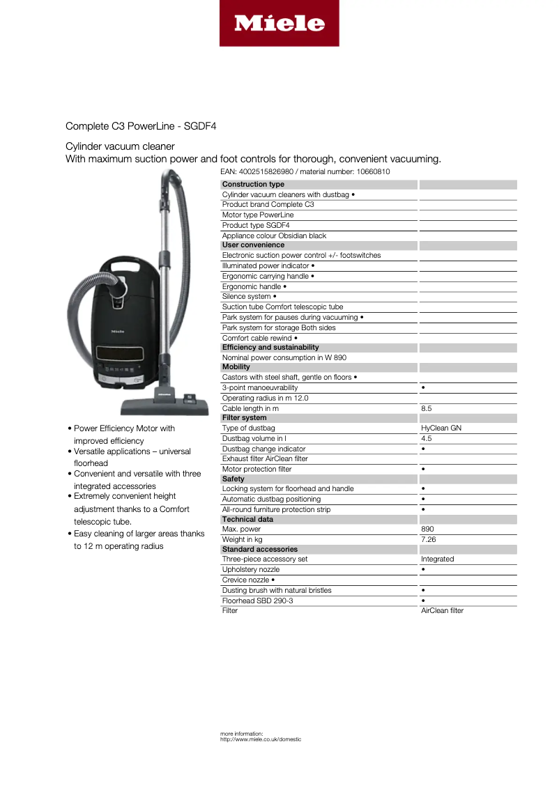 Page 1 de la notice Fiche technique Miele Complete C3 PowerLine SGDF4