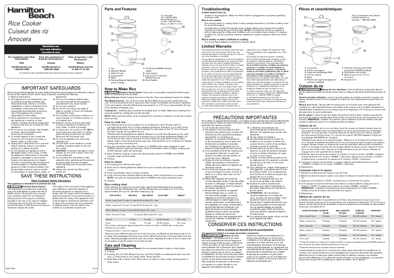 Page 1 de la notice Manuel d'utilisation et d'entretien Hamilton Beach 37538N