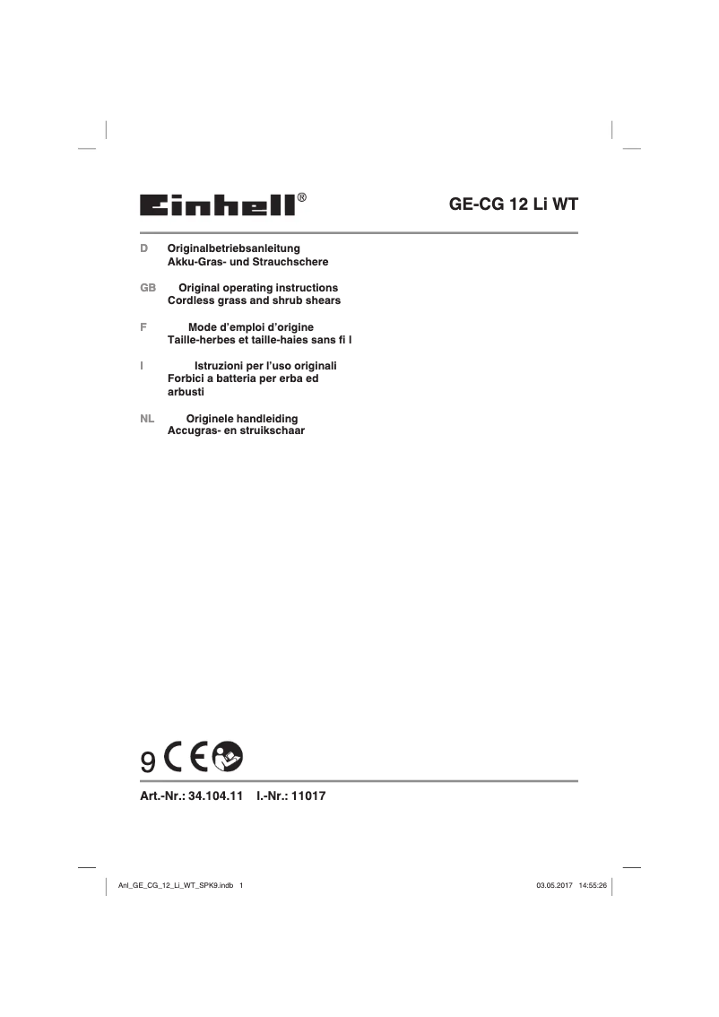 Page n°1 - Manuel utilisateur Einhell GE-CG 12 Li WT