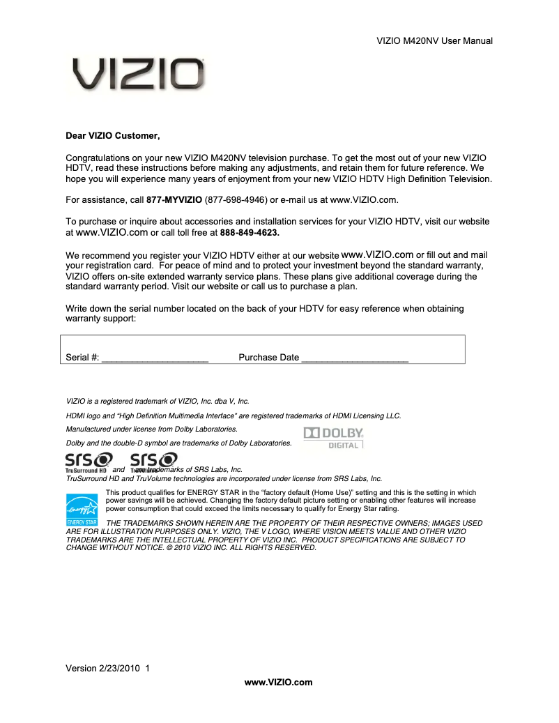 Page 1 de la notice Manuel utilisateur VIZIO M420NV