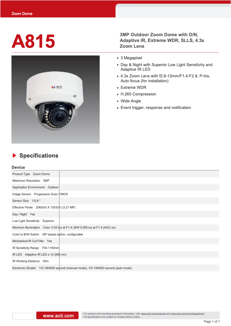 Page 1 de la notice Fiche technique ACTi A815