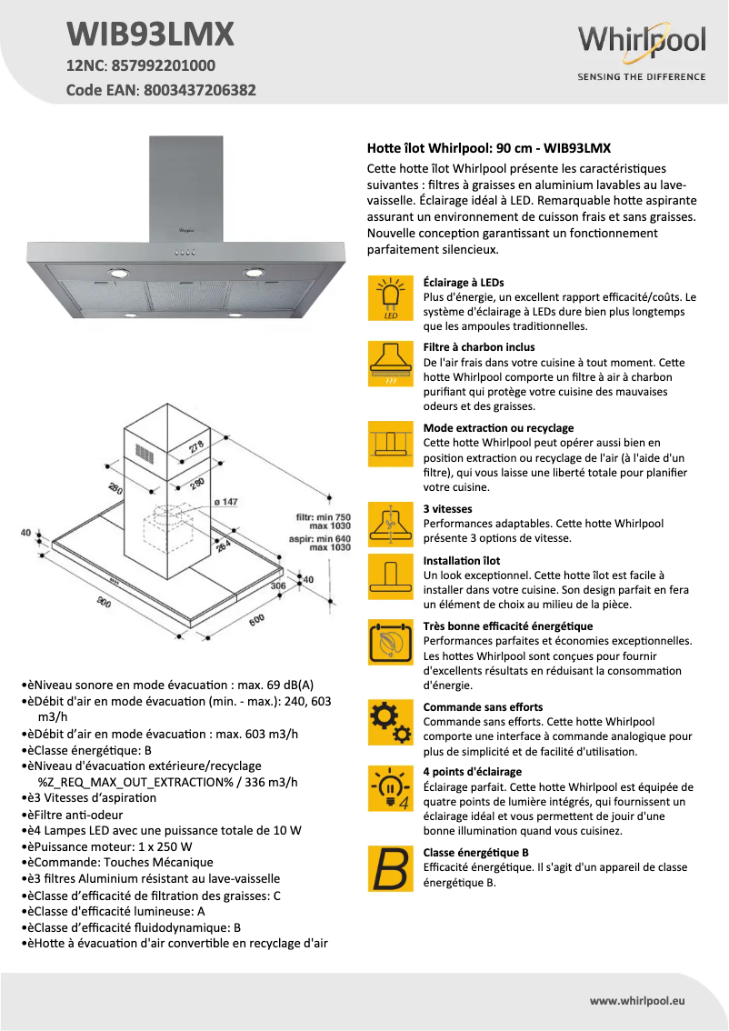 Page 1 de la notice Fiche technique Whirlpool WIB93LMX