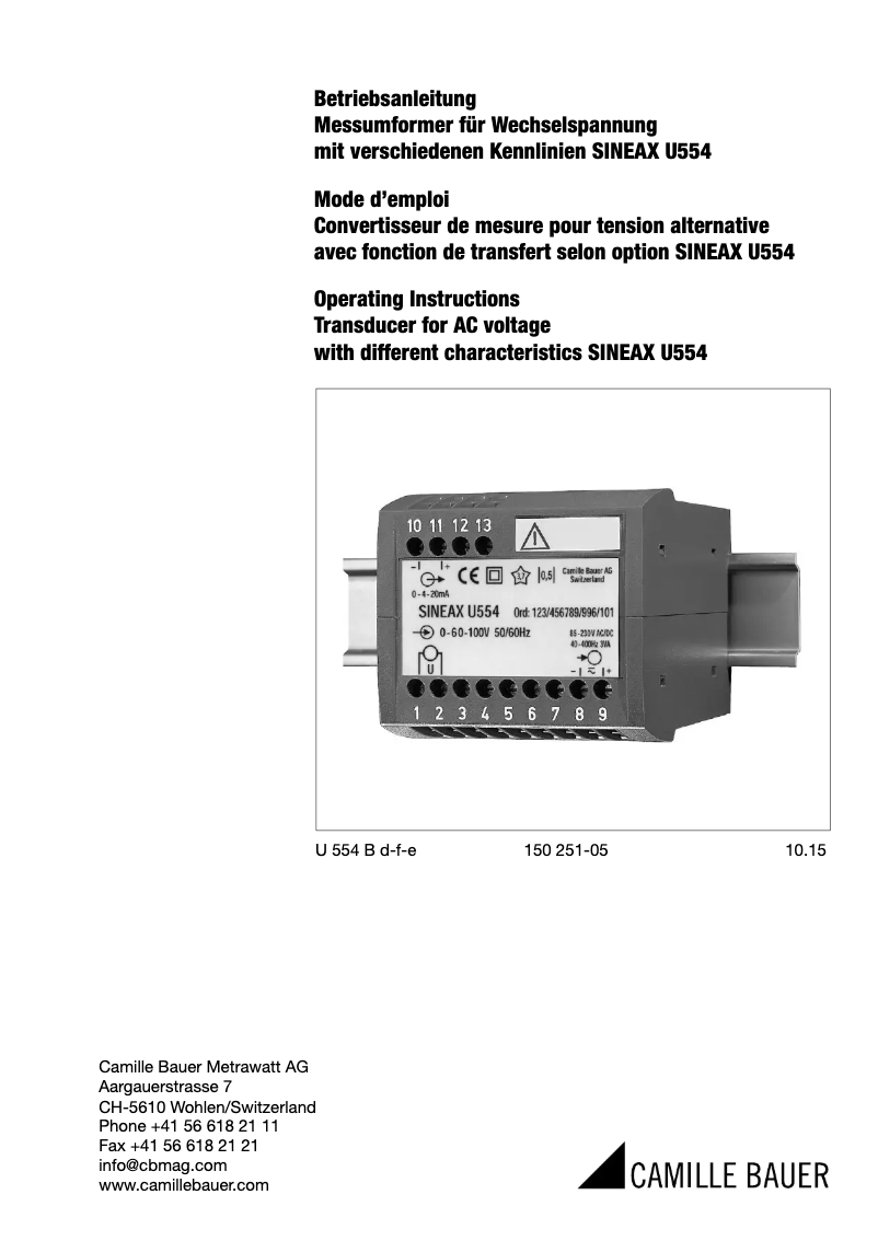 Page n°1 - Manuel utilisateur Camille Bauer SINEAX U554