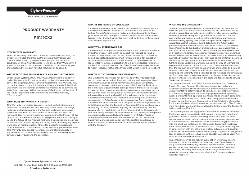 Page n°1 - Informations de garantie CyberPower RB1290X2
