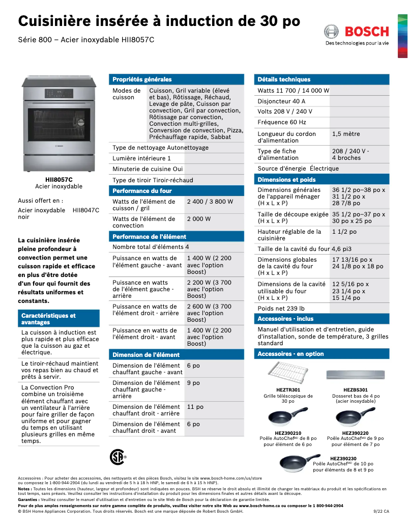 Page 1 de la notice Fiche technique Bosch HII8057C