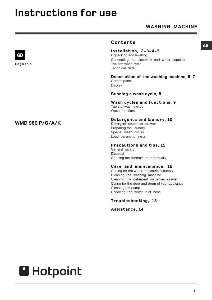 Page 1 de la notice Manuel utilisateur Hotpoint WMD 960 P