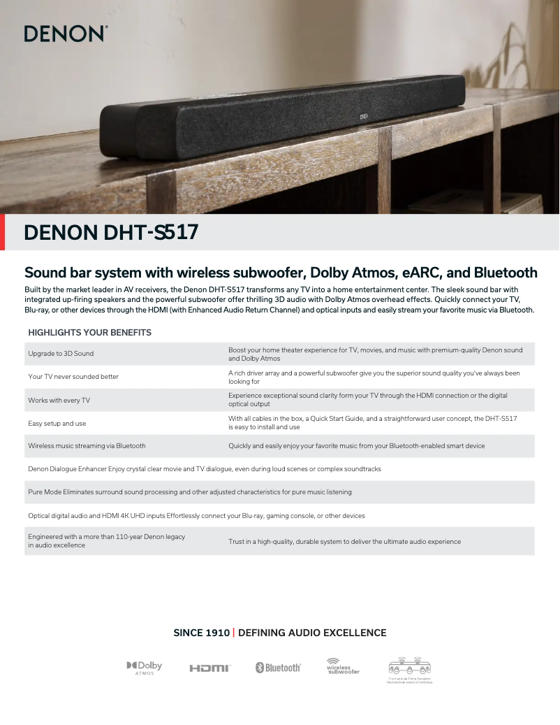 Page 1 de la notice Fiche technique Denon DHT-S517