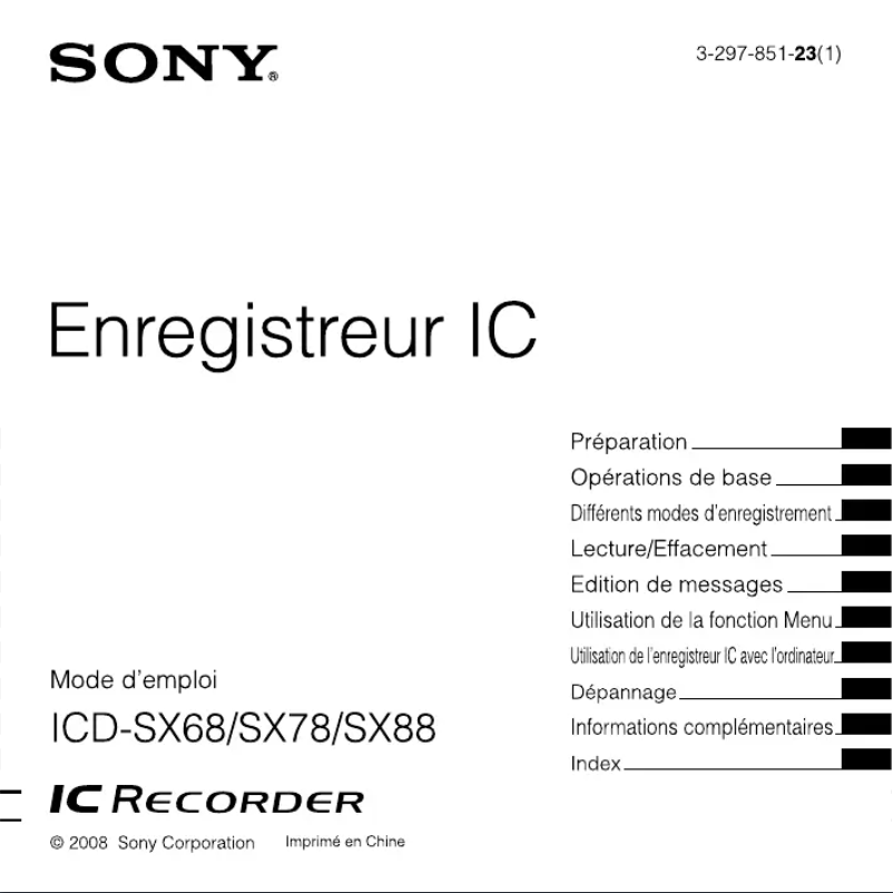 Page 1 de la notice Manuel utilisateur Sony ICD-SX88