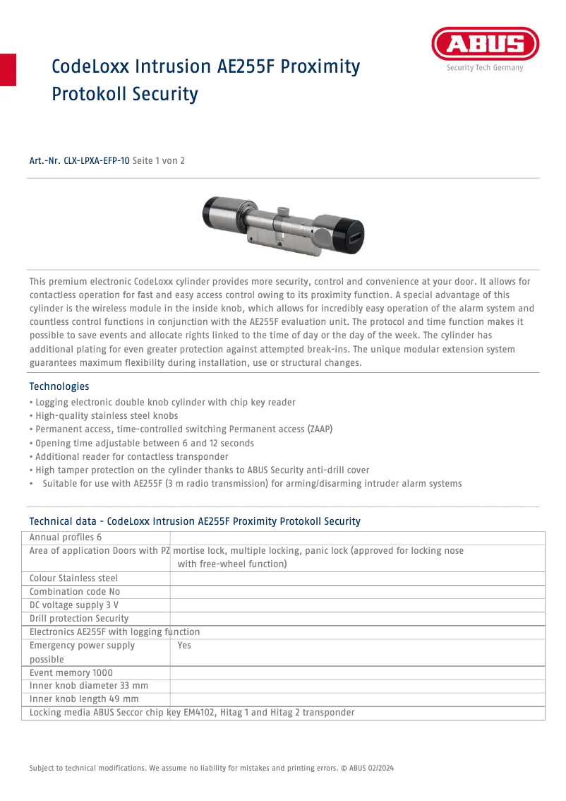 Página 1 del manual Ficha técnica Abus CLX-LPXA-EFP-10