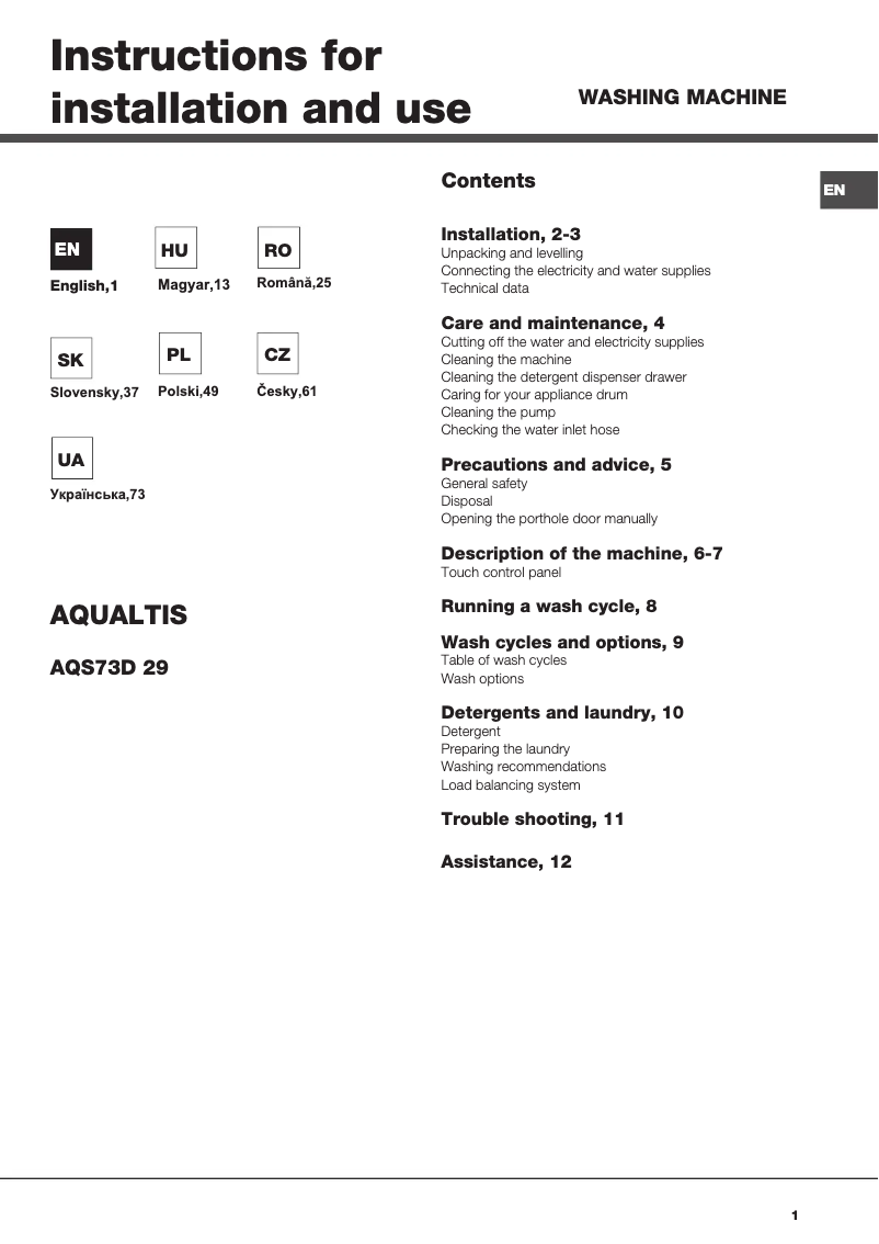 Page n°1 - Manuel utilisateur Hotpoint AQS73D 29 EU/B