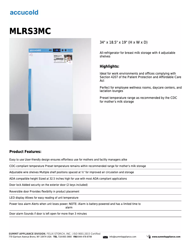 Page 1 de la notice Fiche technique Accucold MLRS3MC