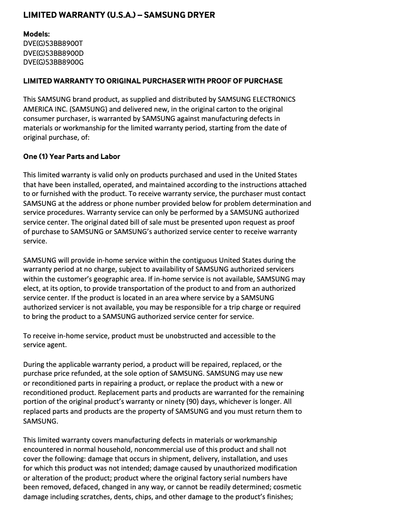 Page 1 de la notice Informations de garantie Samsung DVG53BB8900T