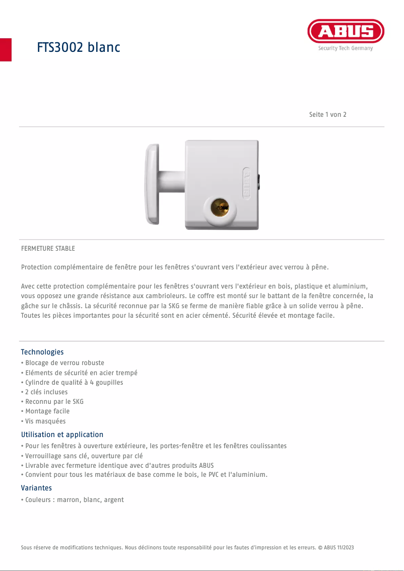 Page 1 de la notice Fiche technique Abus FTS3002