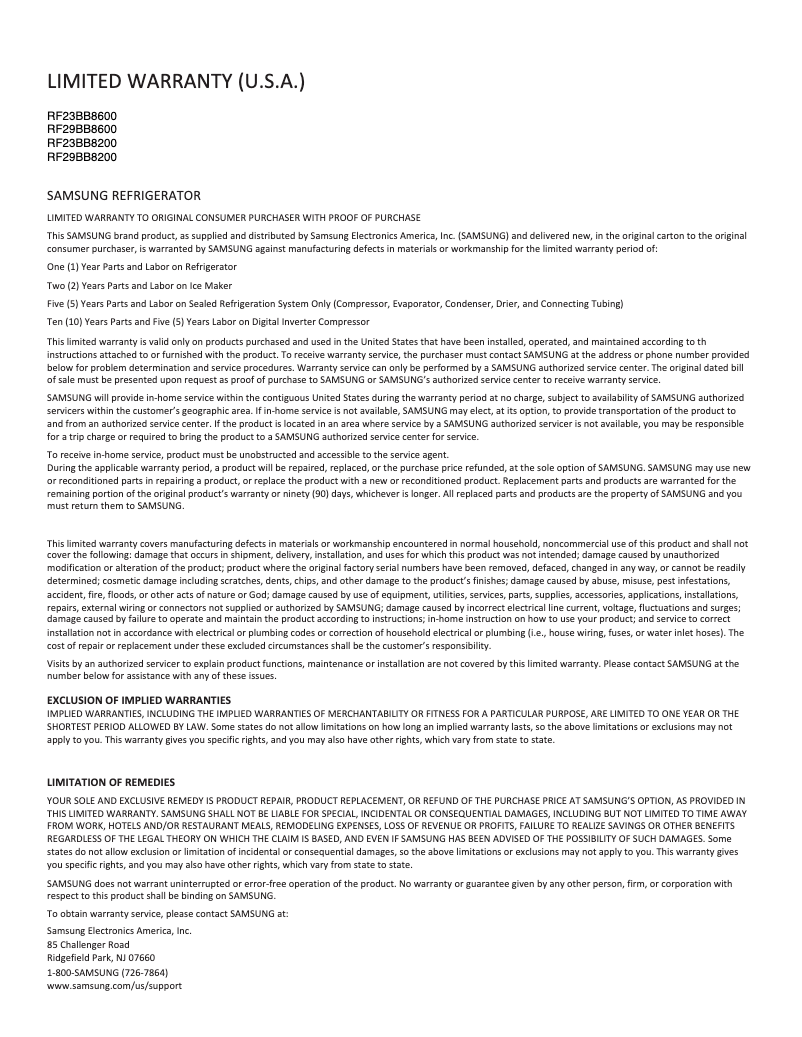 Page n°1 - Informations de garantie Samsung RF29BB8600AP