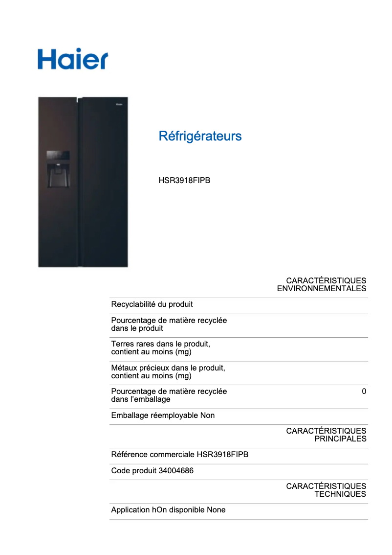 Page n°1 - Label énergétique Haier HSR3918FIPB