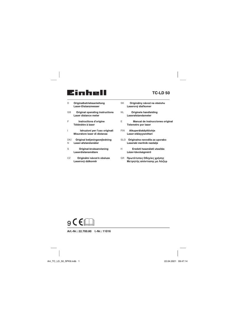 Page n°1 - Manuel utilisateur Einhell TC-LD 50
